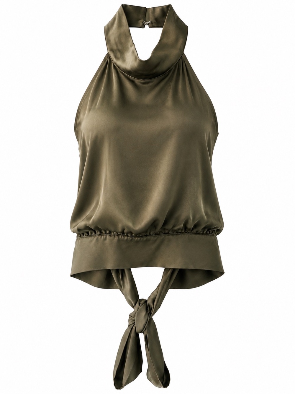 Kittenish Olive High-Neck Tie-Back Halter Tank